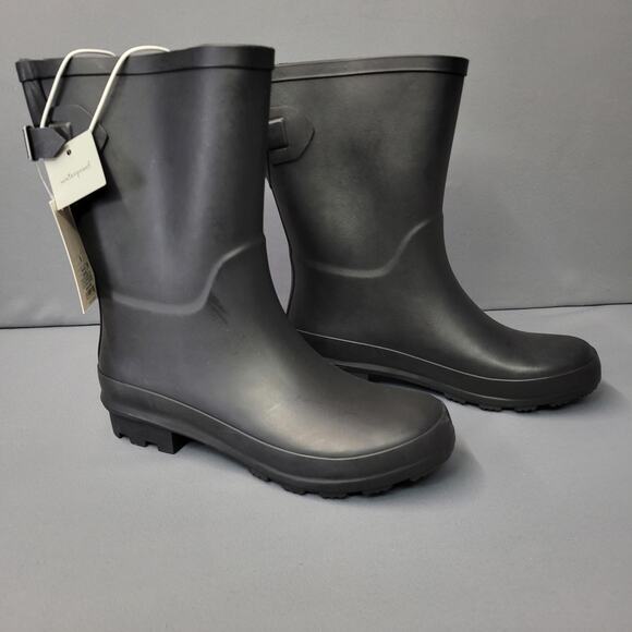A New Day Boots Womens Size 8 Black Waterproof Mid Calf Rain Shoes Rubber Buckle - Picture 2 of 16